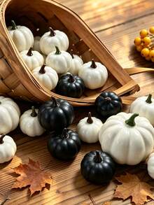 12/6/2Pcs Black Pumpkins Artificial Plants, Halloween Thanksgiving Fall Harvest Party Decor Faux Plants, Plastic Artificial Pumpkins Plants For Home, Room Kitchen Mantle Decoration, DIY Accessories, Autumn Wedding Table Arrangement, Birthday Gifts - Black and White - View 2