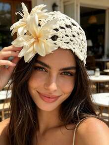 1pc Bohemian Vacation Style Floral Hollow Fishnet Hair Accessory Cap For Women, Elegant Hair Accessory For Beach Vacation And Daily Outings - Multicolor - View 1