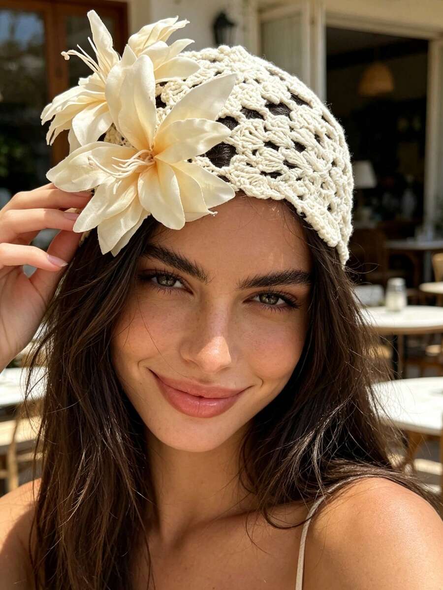 1pc Bohemian Vacation Style Floral Hollow Fishnet Hair Accessory Cap For Women, Elegant Hair Accessory For Beach Vacation And Daily Outings - Multicolor - View 1