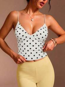 Atasan Camisole Jala Polkadot Elastis Tinggi - Putih - View 2