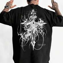 HAFIME Men's T-Shirt With "Gothic Cross" Print, Unisex Men's Shirt, 100% Cotton, Top Premium Streetwear, New Release, Gothic Style - 黑色 - 查看 11