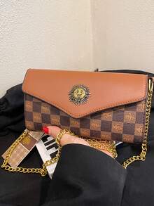 Check Monogram Envelope Chain Crossbody Bag, Sun Turn Lock Brown PU Flap Interwoven Gold Chain Small Clutch Shoulder Bag For Retro Dating - Coffee - View 3
