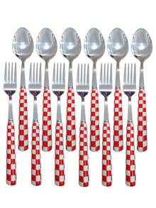 2/12pcs Unique Plaid Pattern Stainless Steel Cutlery Set, Elegant Porcelain, Multiple Colors, Includes Ceramic Handle Utensils, Creative Kitchen, Includes Forks And Spoons, Suitable For Daily Dining - Multicolor - View 6
