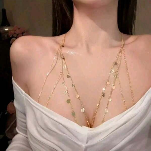 1件性感水鑽流蘇多層胸鏈身體飾品，女性派對/海灘/日常配件，適合約會、度假、夏季