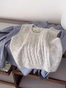 Rompi Rajut Kabel Leher Bulat Off-White untuk Wanita, Tank Top Tanpa Lengan Lembut Berbulu, Rompi Layering Serbaguna Potongan Longgar untuk Musim Semi dan Gugur - Light Grey - View 7