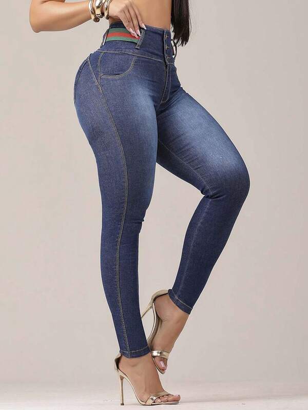 Calça Jeans Feminina Estilo Moda Luxo Detalhe Cintura Alta Modeladora Cós Modelador