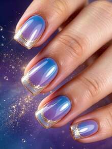 24pcs Short Purple-Blue Gradient Minimalist French Glitter Square Nails + 1pc Jelly Glue + 1pc Nail File - 彩色 - 查看 4