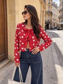 Blusa corta de manga larga con estampado de corazón para mujer, cuello redondo con doble lazo delantero, ajustada - Multicolor - Ver 9