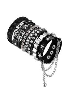 Xiacheng 1/3/4pcs PU Leather Rivet Punk Bracelet, Unisex Gothic Style Rivet Cuff Wristband, Adjustable Punk Rock Accessory For Halloween Party, Holiday - Black 3 - View 1