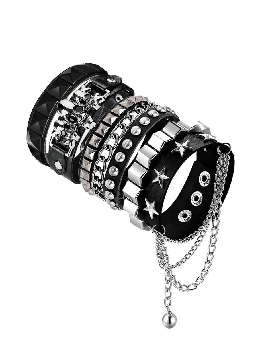 Xiacheng 1/3/4pcs PU Leather Rivet Punk Bracelet, Unisex Gothic Style Rivet Cuff Wristband, Adjustable Punk Rock Accessory For Halloween Party, Holiday - Black 3 - View 1