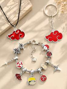 Anime Naruto Jewelry Set, Akatsuki Red Cloud Pendant Necklace Keychain, Sharingan Charms Beaded Bracelet, Cosplay Accessories Gift For Anime Fans - Multicolor - View 2