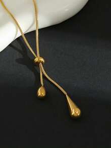 1pc Stainless Steel Water Drop & Heart Pendant Long Adjustable Necklace, Suitable For Daily Wear - Gold - View 4