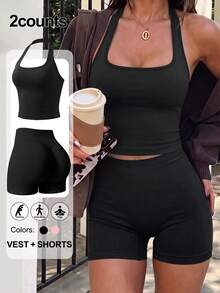 2pcs Tank Top & Shorts Set, Waist Shaping & Butt Lifting, Suitable For Yoga, Outdoor, Gym - Black - View 1