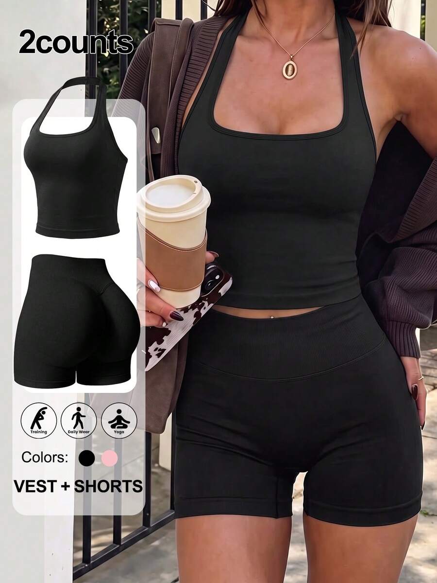 2pcs Tank Top & Shorts Set, Waist Shaping & Butt Lifting, Suitable For Yoga, Outdoor, Gym - Black - View 1