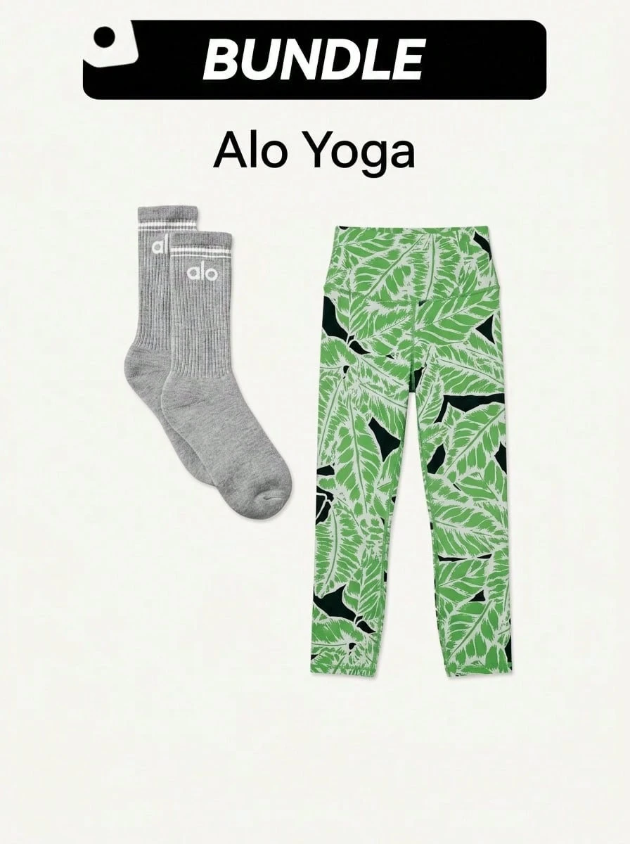 Alo Yoga Socks & Leggings 2 Pieces Set Breathable Quick Dry - Grey+Green/white/black - View 1
