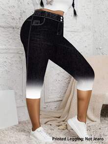 Celana Panjang 3/4 Motif Denim Ukuran Besar, Elastis Sedang, Potongan Ramping, dengan Kantong Palsu, Legging Ketat Desain Gradien Modis untuk Liburan - MultiWarna - View 5