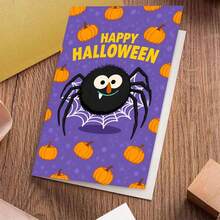 1 Greeting Card + 1 Envelope Adorable Halloween Greeting Card, Cute Spider With Pumpkins Pattern "Happy Halloween", Perfect For Friends, Spooky Festive Cartoon Style. - View 7