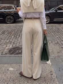 Casual Versatile Commute Solid Color Straight Leg Pants - Cream - View 4