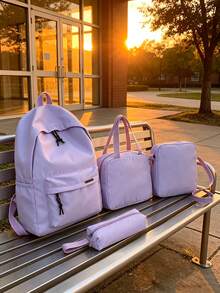4-Piece Back To School Minimalist College Style Backpack Set, Backpack + Tote Bag + Crossbody Bag + Stationery Organizer Bag Matching Set, Large Capacity With Laptop Compartment Campus Commuter Bag, Solid Color Youth Backpack, With Adjustable Shoulder Straps, Multi-Layer Storage Space, Lightweight Zipper Storage Set, Suitable For Fresh Graduates, Students, Young Girl, For Outdoor Travel And Daily Campus Use - Multicolor - View 11