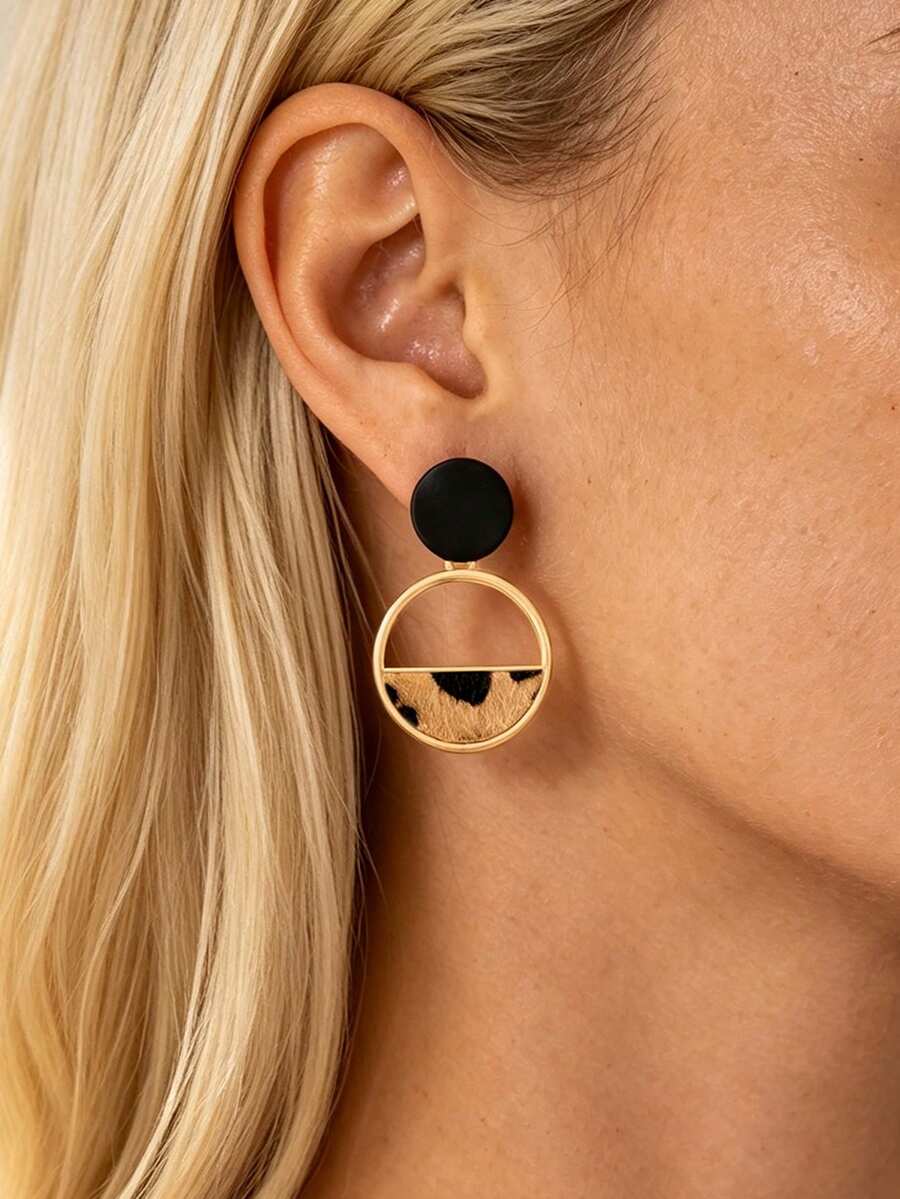 1 Pair European & American Style Leopard Print Geometric Earrings, Maillard Aesthetic Fashion Versatile Ear Jewelry - Multicolor - View 1