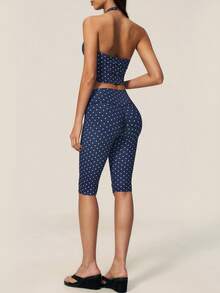 TimeOff Women's One Set Polka Dot Halter V-Neck Backless Tank Top & Bermuda Shorts Sports Set - Navy Blue - View 3