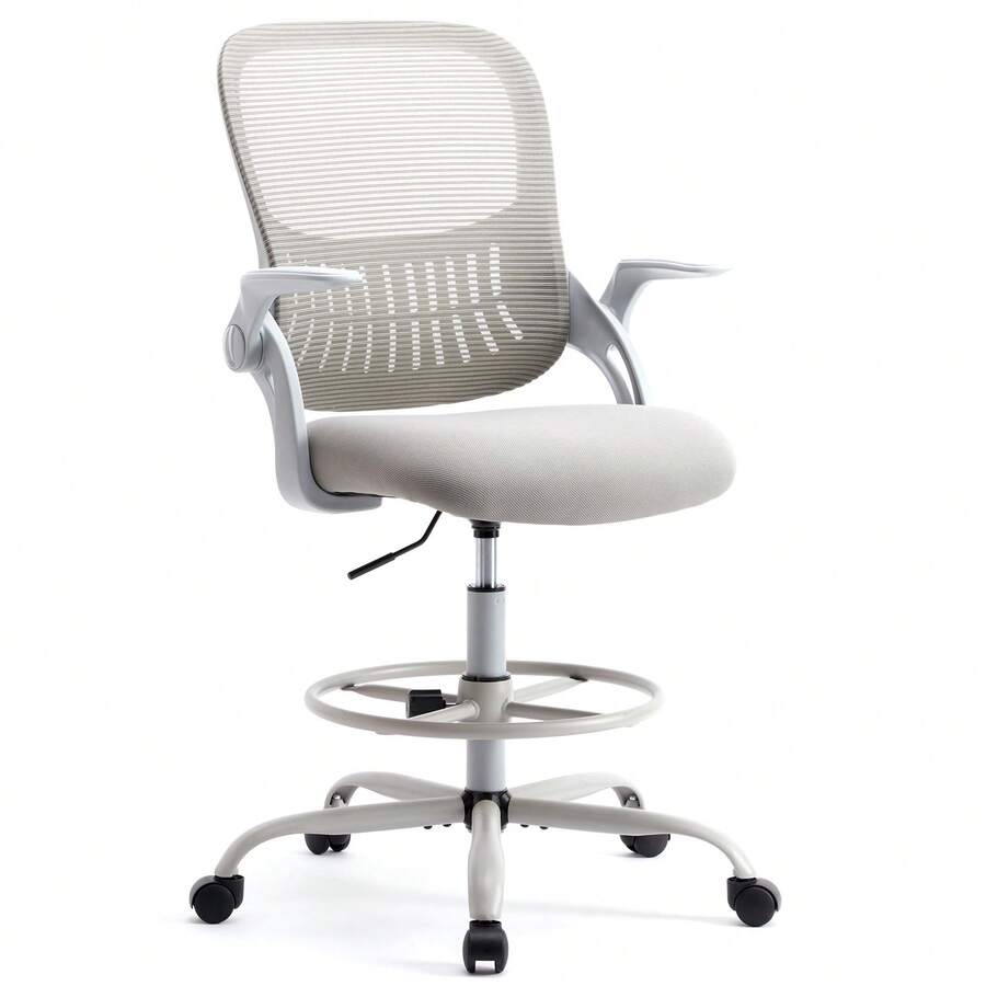 Tall Drafting Office Chair With Adjustable Foot Ring, 23"-28.9" Counter Height Swivel Chair, Ergonomic Lumbar Support 120° Reclining Tall Desk Chair With Armrest, 275LBS Heavy Duty Nylon Base For Standing Desk Home Office - Grey - View 1