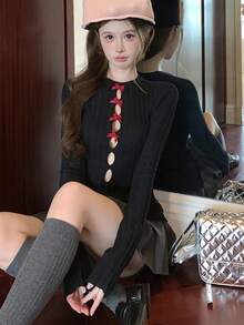 Niche Slimming Knit Sweater Top For Women, Autumn Bowknot Hollow Cross-Over Slimming Sweater - Black - View 3