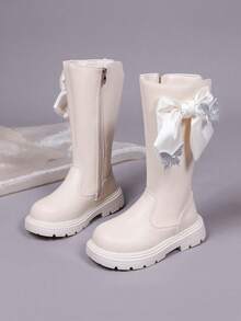 1 Pair Girls' Satin Bow Rhinestone High-Top Boots, PU Side Zipper, Cream White, All-Season, Thick Sole Long Boots - Beige - View 2