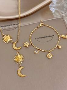 Set/1Pc Delicate Sun & Moon Zirconia Multi Charm Stainless Steel Necklace Bracelet Jewelry Set,For Women,Party,Daily,Birthday/Halloween/Christmas Gifts - Multicolor - View 3
