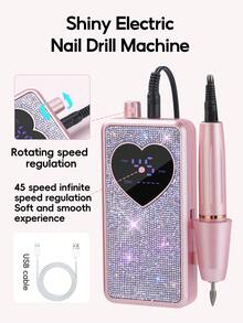 Portable Rechargeable Nail Drill Machine Set 45000 RPM Heart Rhinestone Display Electric Nail File With Multiple Nail Bits Sanding Bands For DIY Salon Manicure - Multicolor - View 3