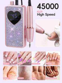 Portable Rechargeable Nail Drill Machine Set 45000 RPM Heart Rhinestone Display Electric Nail File With Multiple Nail Bits Sanding Bands For DIY Salon Manicure - Multicolor - View 4