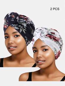 2件組女款多色編織彈性風格頭巾帽，柔軟頭巾帽，適合日常穿著 - 多色 - 查看 11