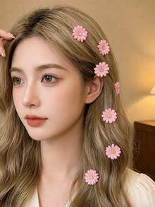 20/10pcs/Set Soft Pink Chiffon 3D Flower Hair Clips, Flower Design With Rhinestone Embellishments, Gentle Sweet Cute, Minimalist Fashion Hair Accessories - Suitable For Girls And Teenagers, Daily School, Vacation, - Multicolor - View 2