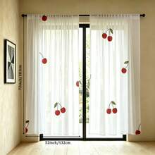 2pcs Red Cherry Pattern Sheer Curtains. The Vibrant Red Cherries With Green Stems And Leaves Allow Good Light Penetration, Creating A Fresh Fruity Style Suitable For Living Room, Dining Room And Kitchen. - Multicolor - 2pcs - View 15