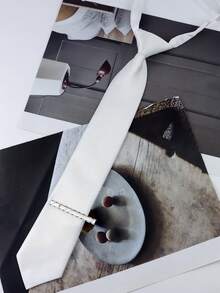 ZONFAZ 2pcs Men/Women White Slim Elastic Tie With Tie Clip, Adjustable Elastic Size, Suitable For Wedding, School Performance, Party - White - View 5