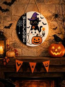 1pc Halloween Decoration Door Wreath Pumpkin Black Cat Ghost Welcome Hanging Ornament Suitable For Front Door Happy Halloween Wooden Sign Wooden Door Hanging Decor Home Party Decoration Indoor Outdoor Decorative Item - Multicolor - View 1