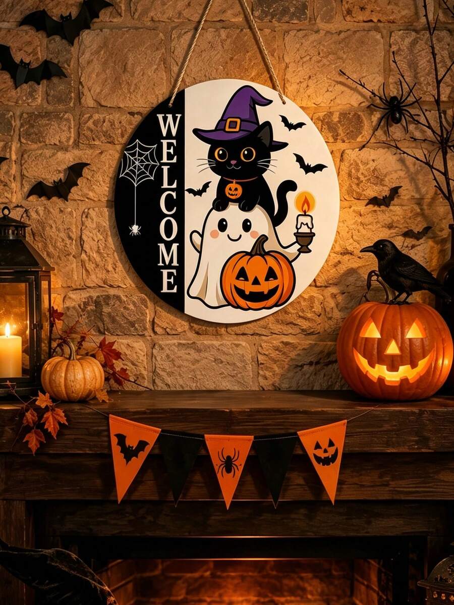 1pc Halloween Decoration Door Wreath Pumpkin Black Cat Ghost Welcome Hanging Ornament Suitable For Front Door Happy Halloween Wooden Sign Wooden Door Hanging Decor Home Party Decoration Indoor Outdoor Decorative Item - Multicolor - View 1