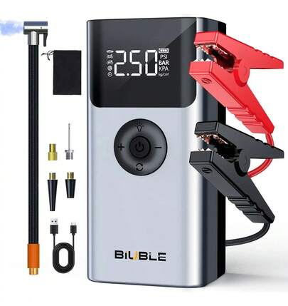 Arrancador de Batería de Carro 7500A BIUBLE ML418 Portátil Inflador Inteligente 150psi, Powerbank Con Pantalla Digital y Linterna LED, Para Auto/Moto/Camioneta/Bolas (Color Plateado)