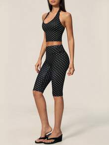 TimeOff Women's One Set Polka Dot Halter V-Neck Backless Tank Top & Bermuda Shorts Sports Set - Black - View 9
