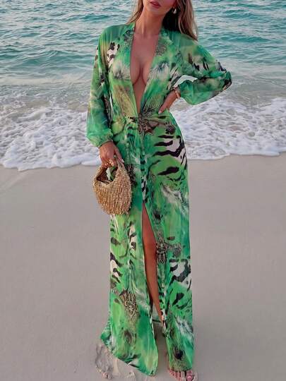 Vestido largo Kliou de rayas de tigre finas para mujer, otoño, escote en V profundo, espalda descubierta, manga farol, elegante para playa y fiesta