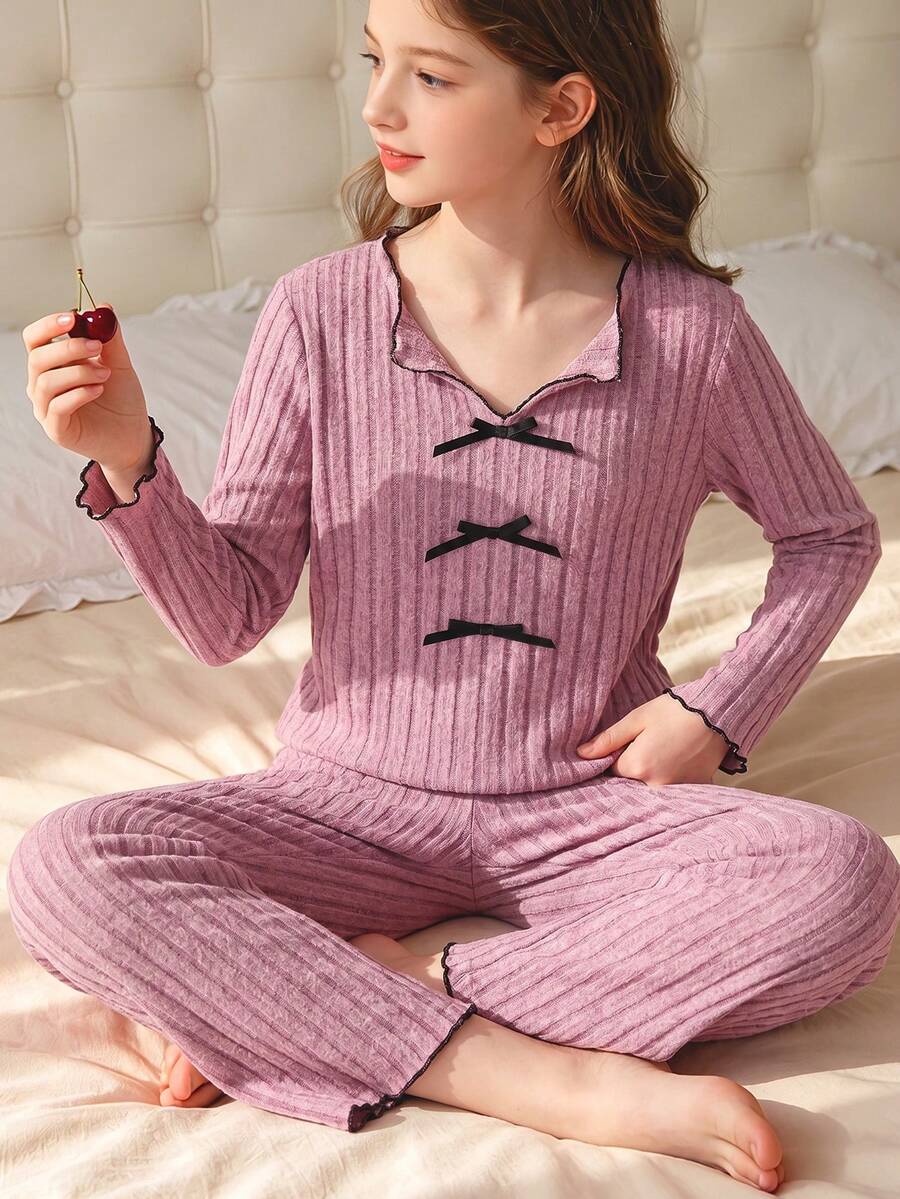 2件套優雅春秋女款淺紫色溝槽條紋布料小V領蝴蝶結飾品,柔軟長袖寬鬆長褲居家休閒服 - 紫色 - 查看 1