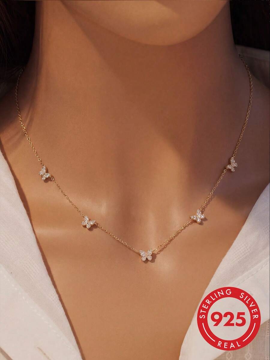 1pc S925 Sterling Silver Luxury Rhinestone Butterfly Necklace, Elegant Minimalist Necklace For Women, Fresh Mori Style Delicate Cute Ins Clavicle Chain, Versatile For Daily Wear And Gatherings, Exquisite Fashion Quality Gift - Butterfly - View 1