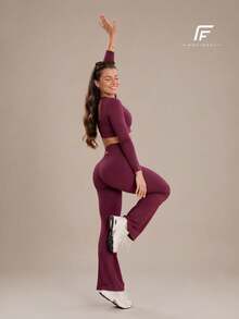 Plain Zero-Transparency Polyamide Flare Long Sleeve Fitness Gym Set - Burdeos - Ver 9