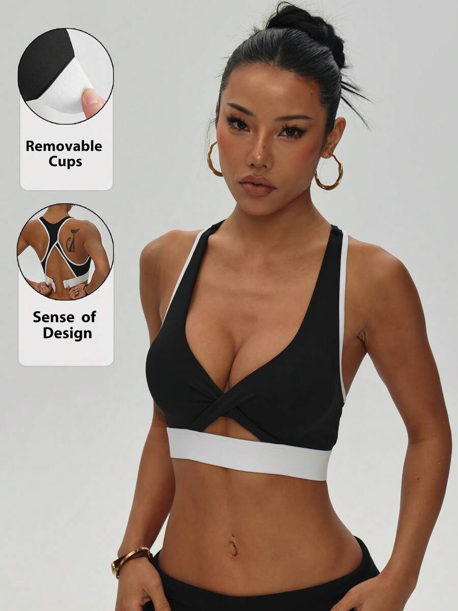 Women's Solid Color Removable Padded Racerback Seamless Sports Bra Fall - Black and White - View 1