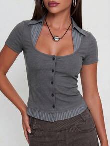 Top de manga corta 2 en 1 para mujer, diseño de tela acanalada con cuello cuadrado, patchwork acanalado y botones de una sola casual - Gris - Ver 4