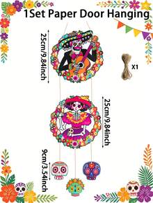 1 Set Day Of The Dead Sugar Skull Round Paper Hanging Decor, 2D Flat Colorful Floral Skull Wall Decoration, Suitable For Mexican Festival Celebration, Altar, Home And Party, Mexican Folk Art, Front Door Porch Home Decor, Halloween Party Supplies, Day Of The Dead - Multicolor - View 5
