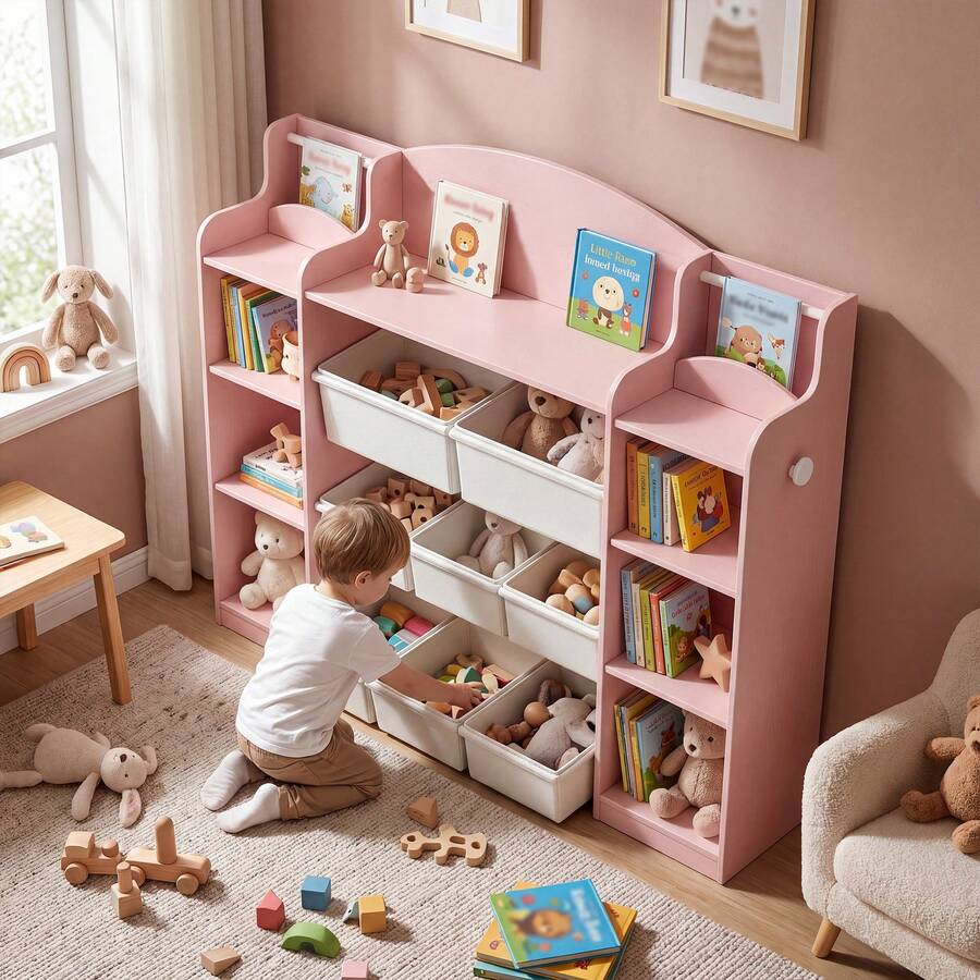 HaluPeit Home-Use Floor-Standing Children's Storage Rack With Multiple Compartments For Picture Books, Side Hooks For Added Organization, Low Center Of Gravity For Stability, And Is Ideal For Small Apartments And Families - Pink - View 1