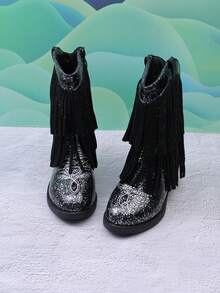 女童短款中筒靴，亮片刺繡流蘇高跟西部靴，拼色圓頭側拉鍊 - 黑色 - 查看 5