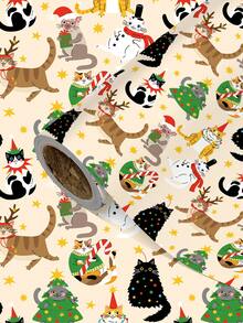 3/2/1 Roll Of Christmas Gift Wrapping Paper Featuring Various Christmas Cat Character Designs; Made Of Coated Paper; Dimensions: 43 Cm X 300 Cm; Suitable For Wrapping Christmas Gifts, Decorating For Christmas Parties, And Holiday Gift-Giving. - A - View 1