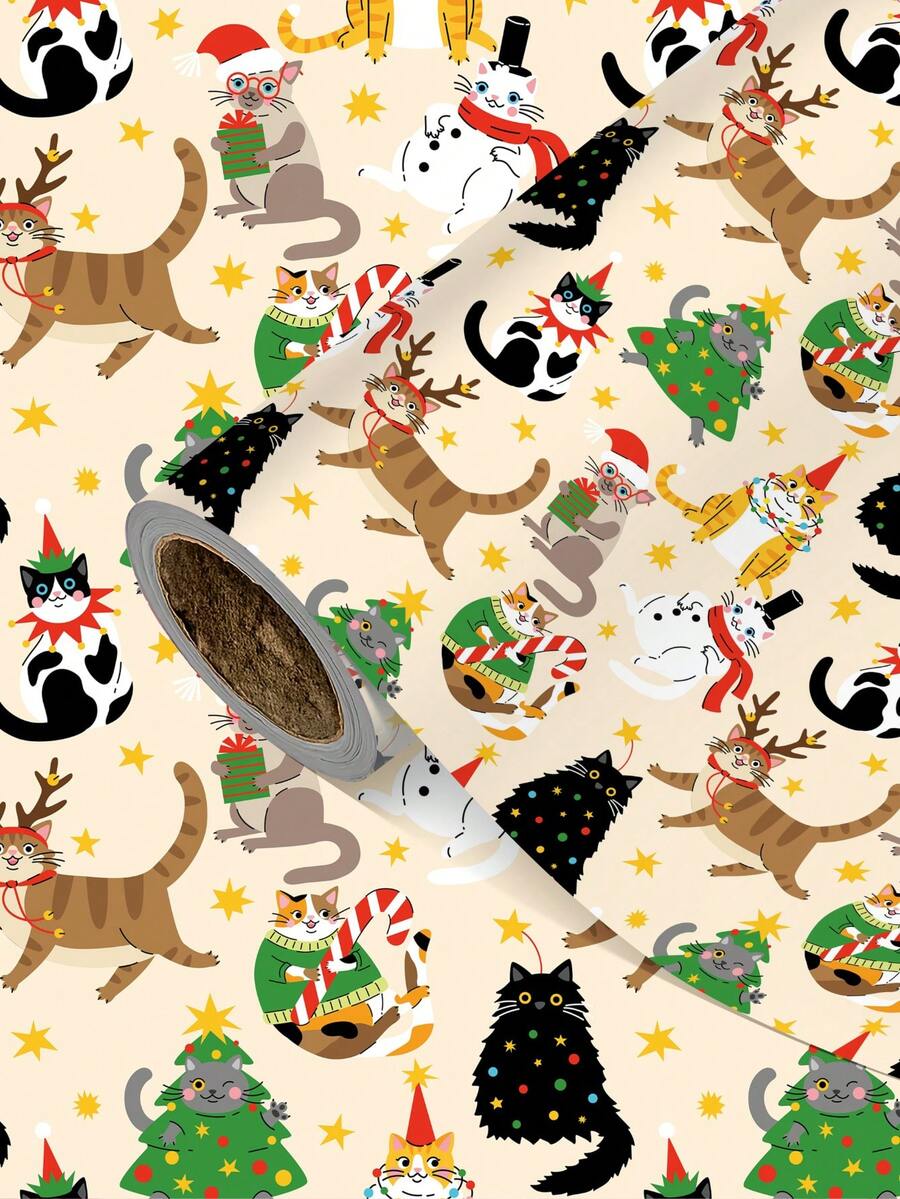 3/2/1 Roll Of Christmas Gift Wrapping Paper Featuring Various Christmas Cat Character Designs; Made Of Coated Paper; Dimensions: 43 Cm X 300 Cm; Suitable For Wrapping Christmas Gifts, Decorating For Christmas Parties, And Holiday Gift-Giving. - A - View 1
